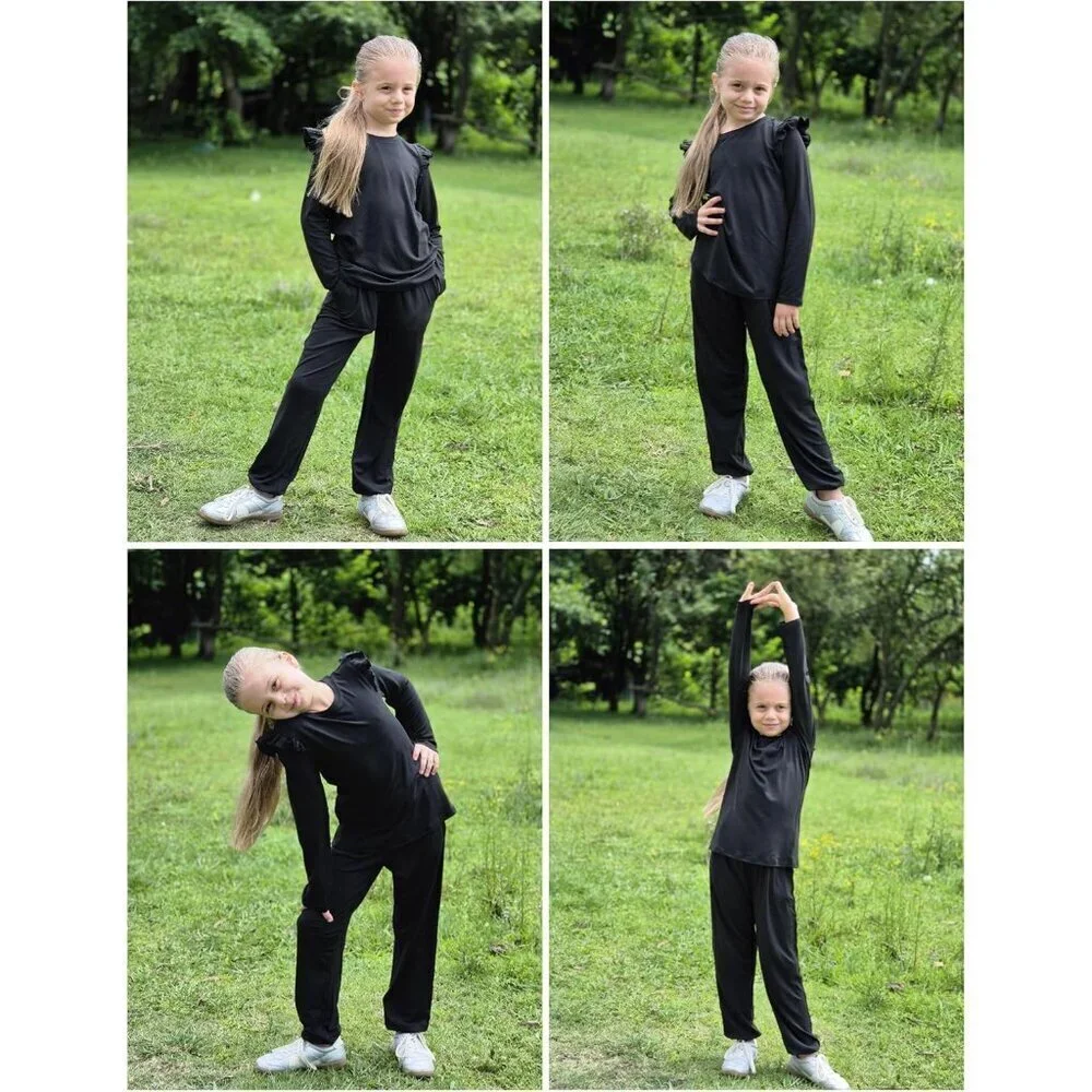 Girls 2 Piece Outfits Long Sleeve Ruffled Tops and Pants with Pockets Clothing S